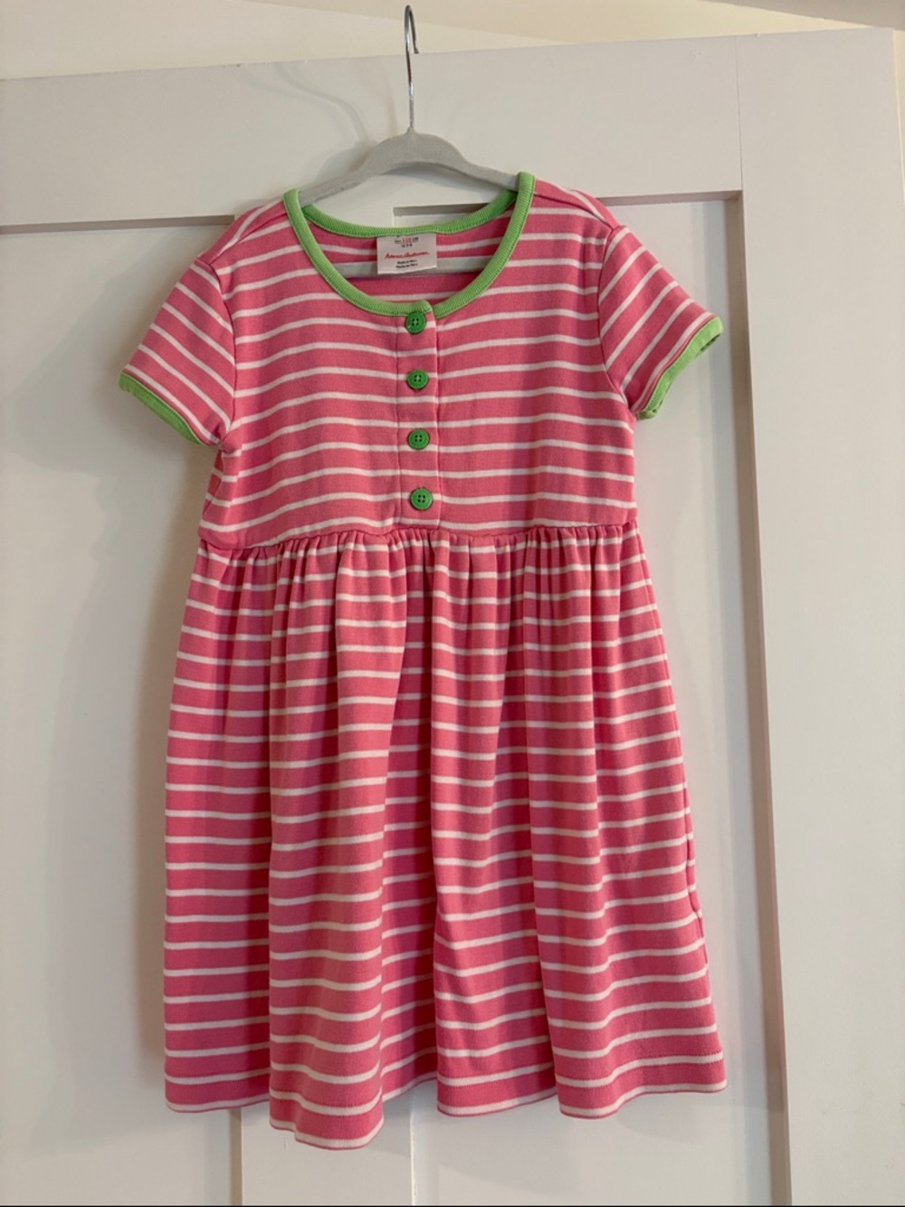 EUC Hanna Andersson Pink and White Striped Dress with Green Trim size 110